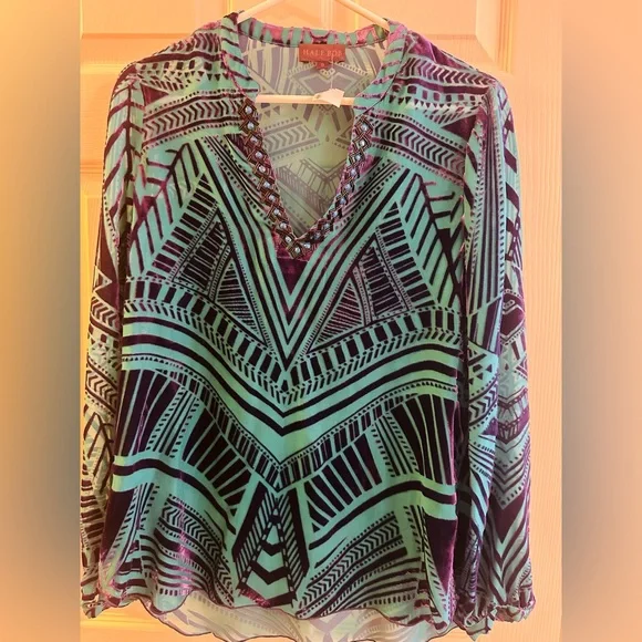 Hale Bob Vibrant Printed Long Sleeve Aqua Turquoise & Purple Burn Out Blouse Top - Picture 3 of 6